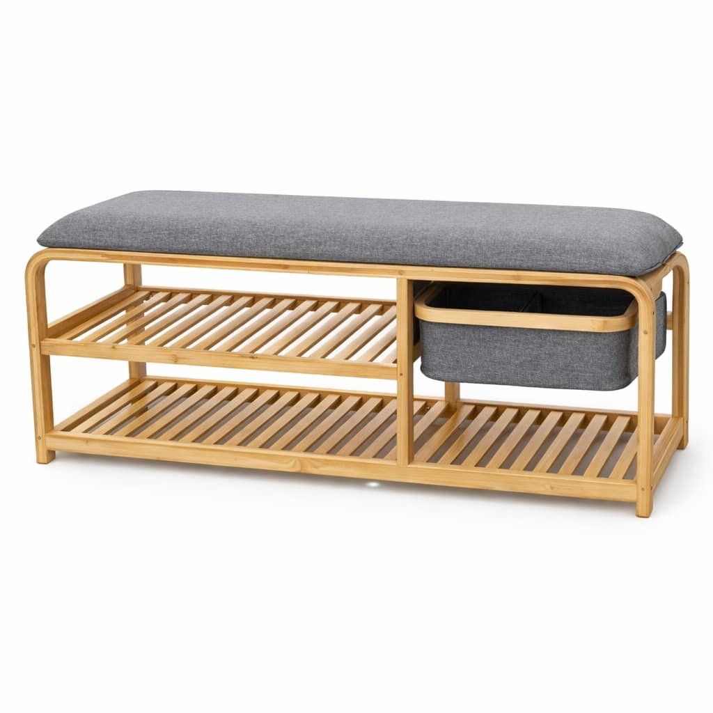 banco zapatero de bambú con cojín acolchado y organizador lateral