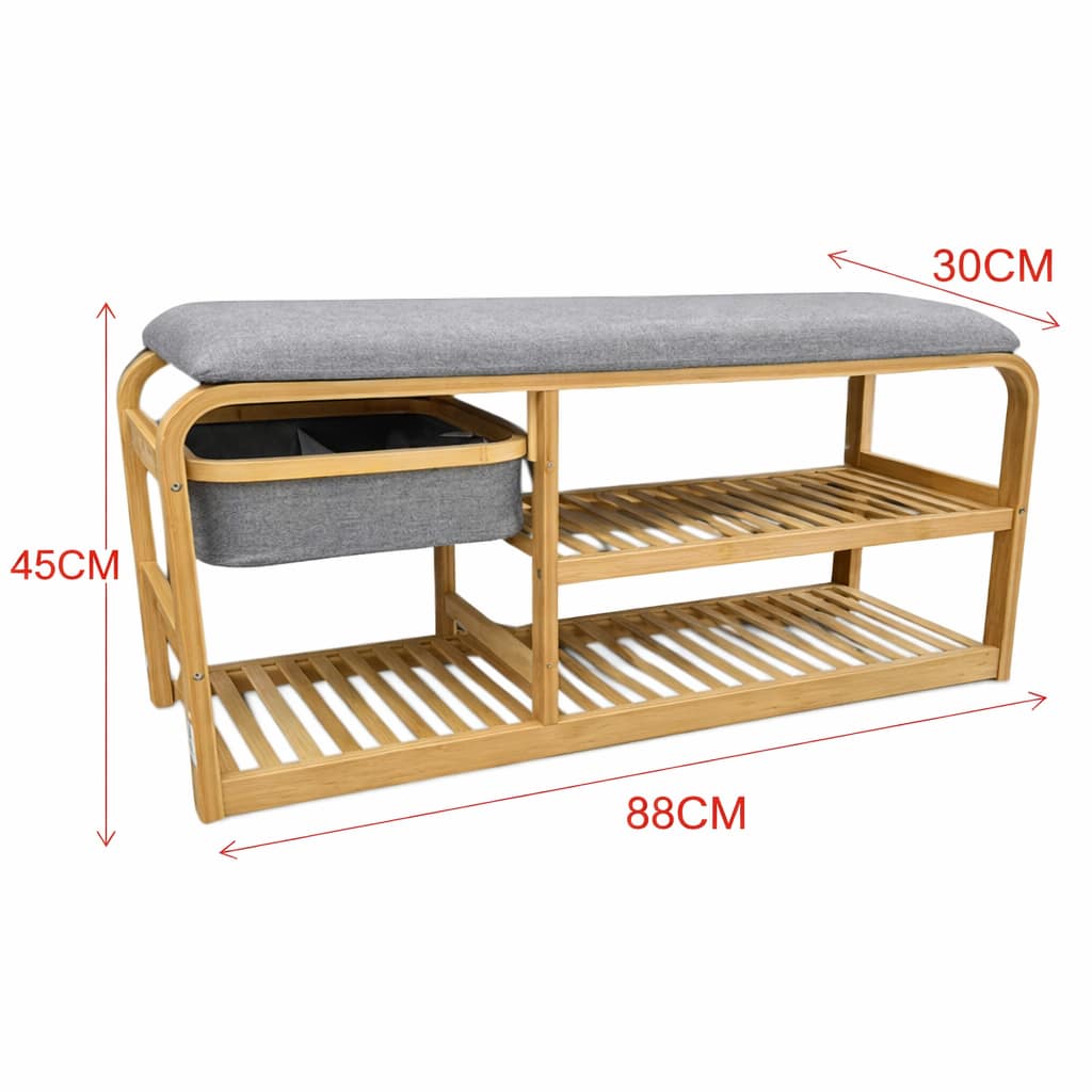 banco zapatero de bambú con cojín acolchado y organizador lateral