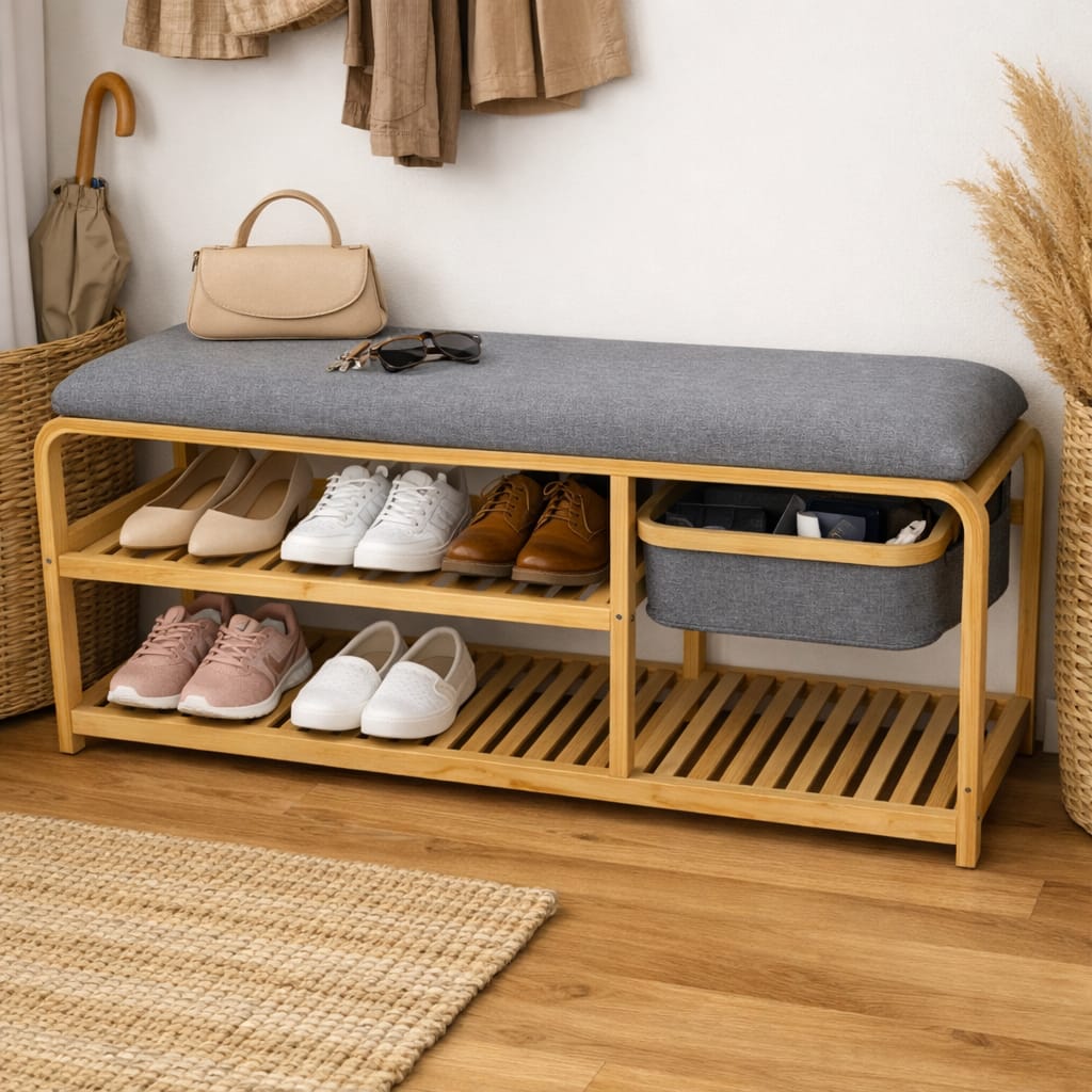 banco zapatero de bambú con cojín acolchado y organizador lateral