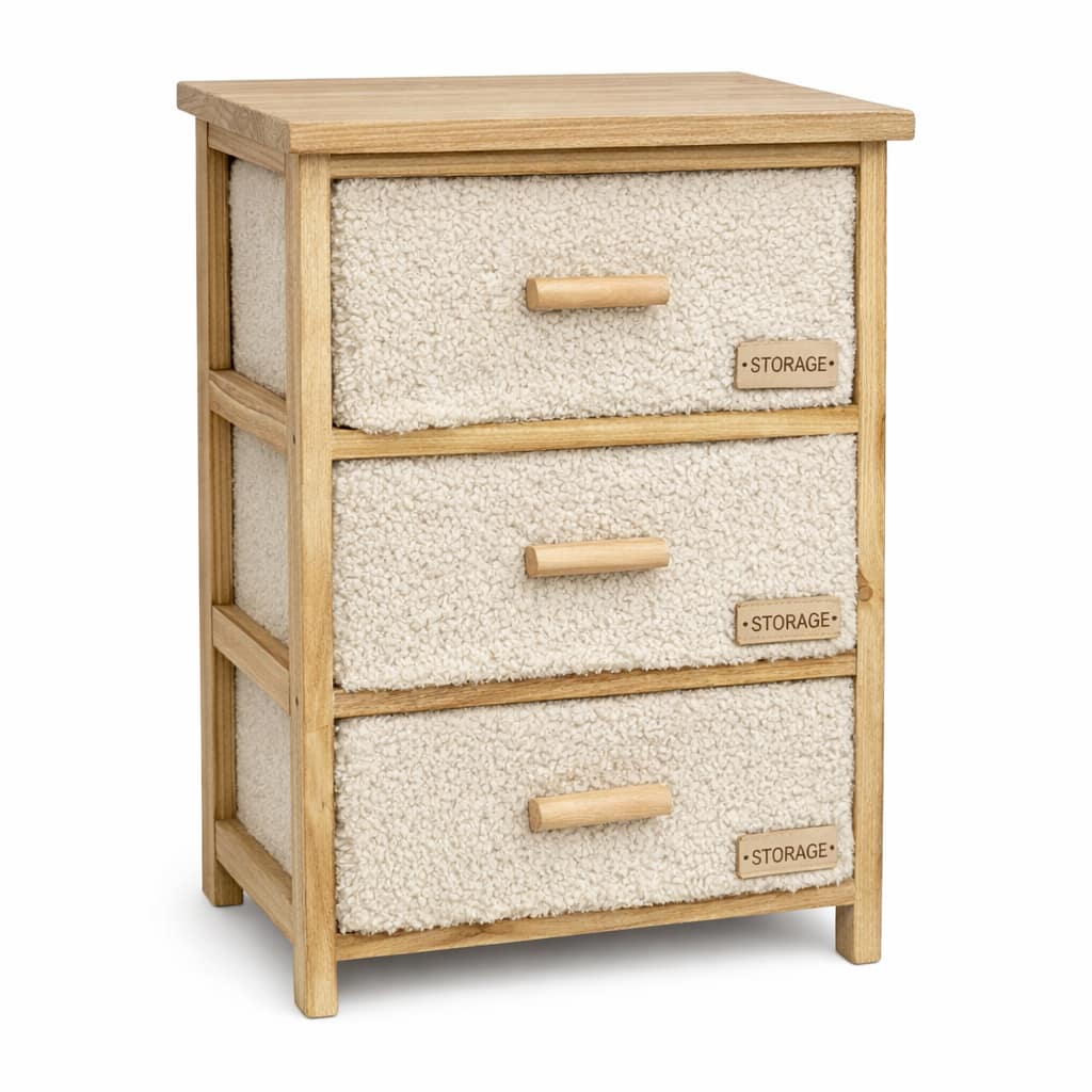 Velador de madera con gavetas de tela tipo peluche color beige