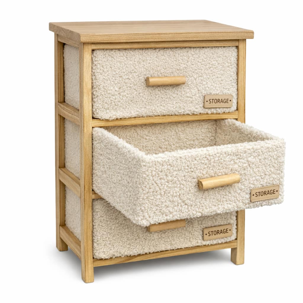 Velador de madera con gavetas de tela tipo peluche color beige