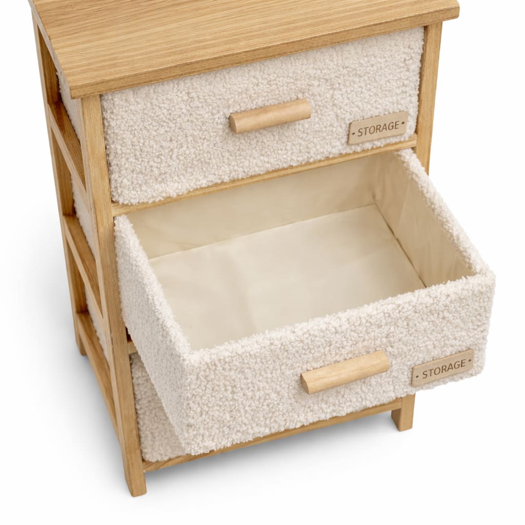 Velador de madera con gavetas de tela tipo peluche color beige