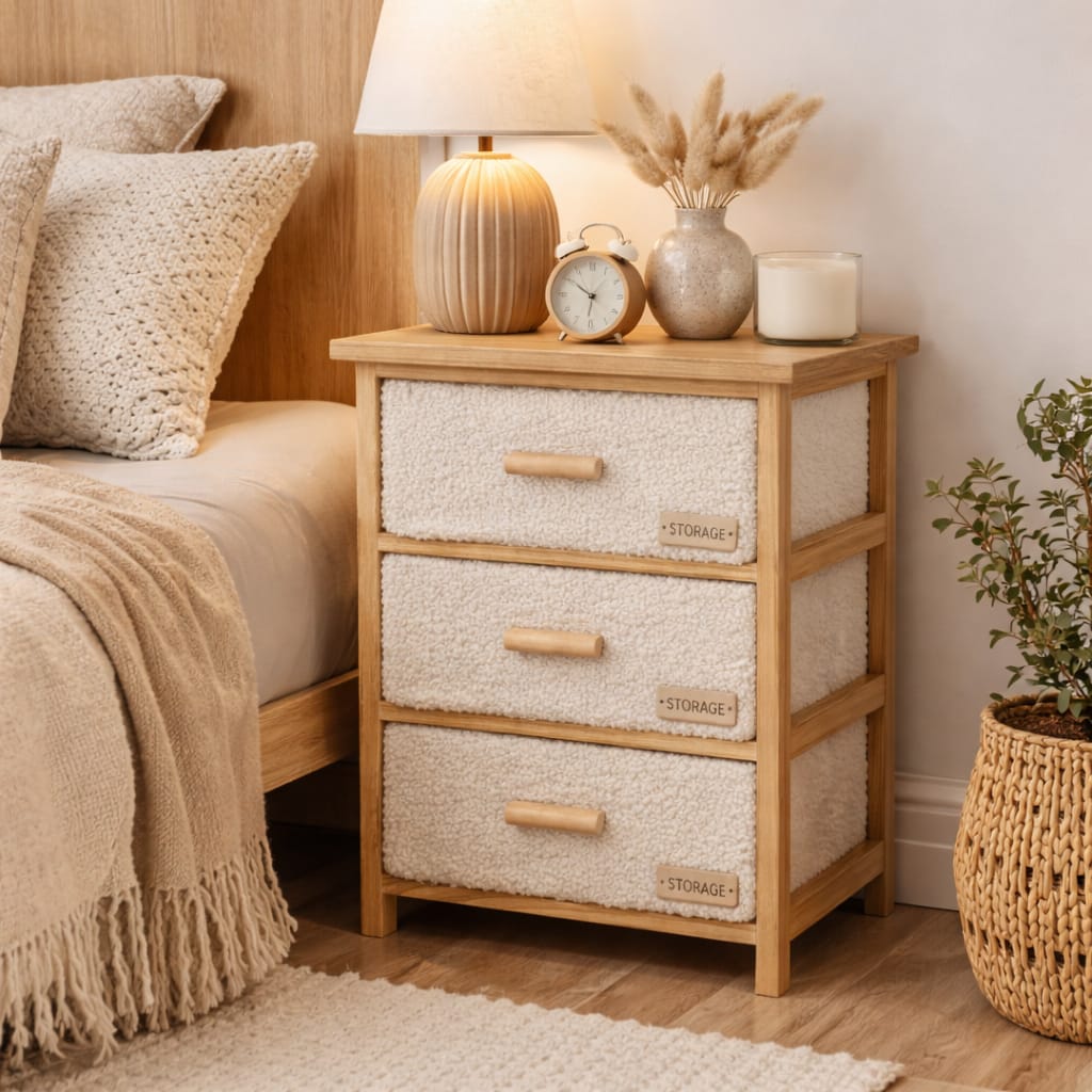 Velador de madera con tres gavetas forradas en tela tipo peluche color beige