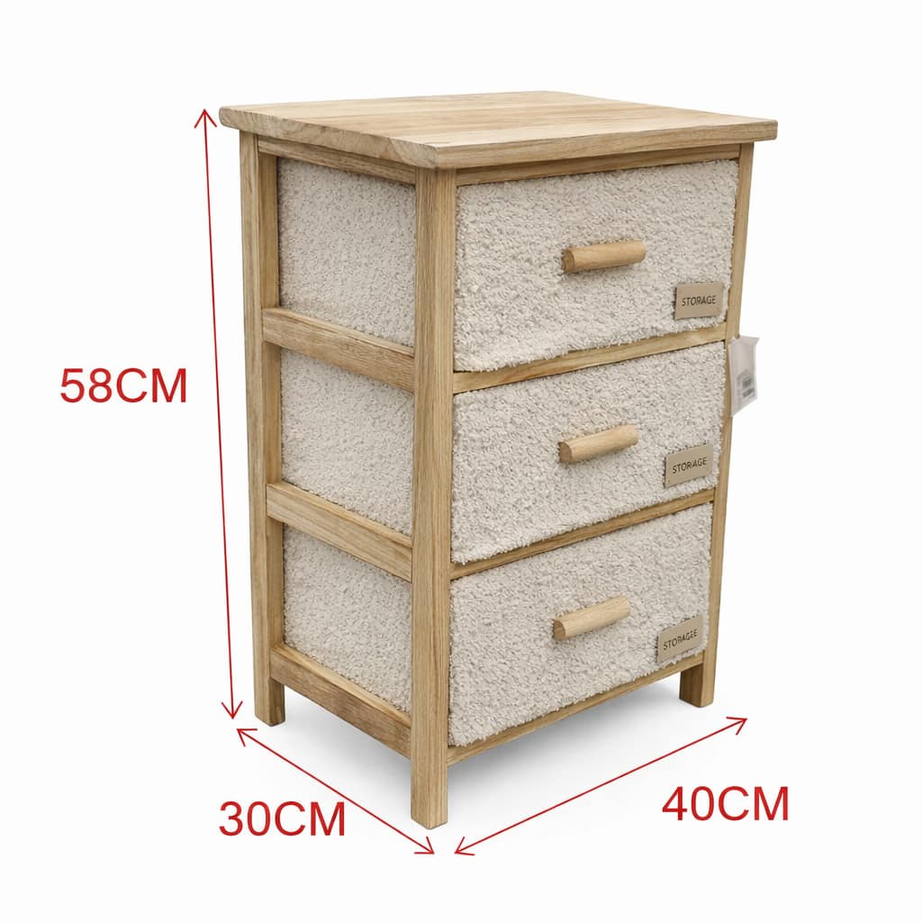 Velador de madera con gavetas de tela tipo peluche color beige