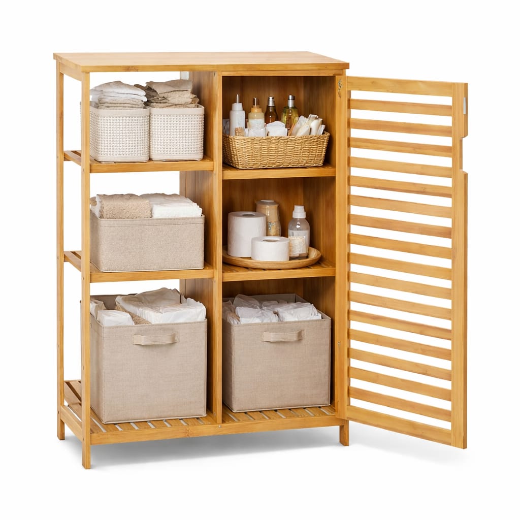 mueble organizador de bambú con puerta
