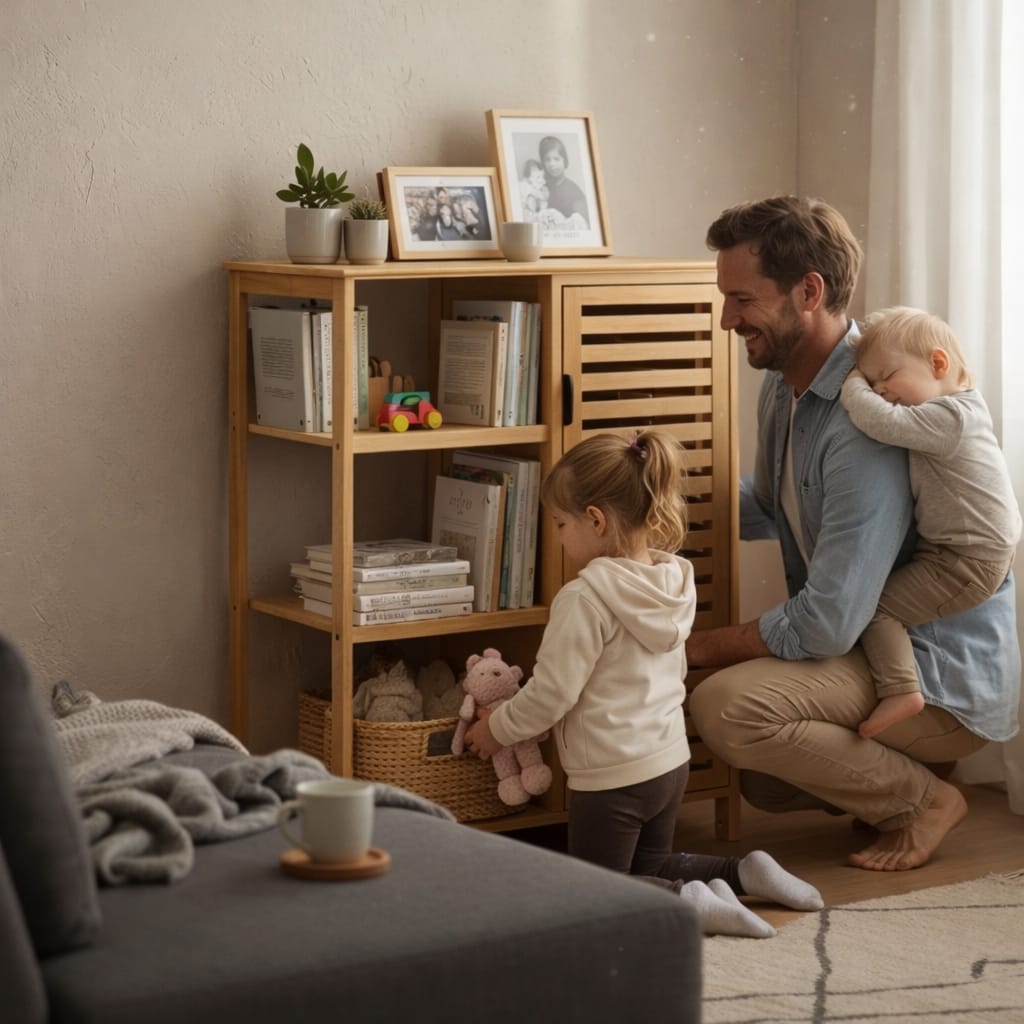 mueble organizador de bambú con puerta