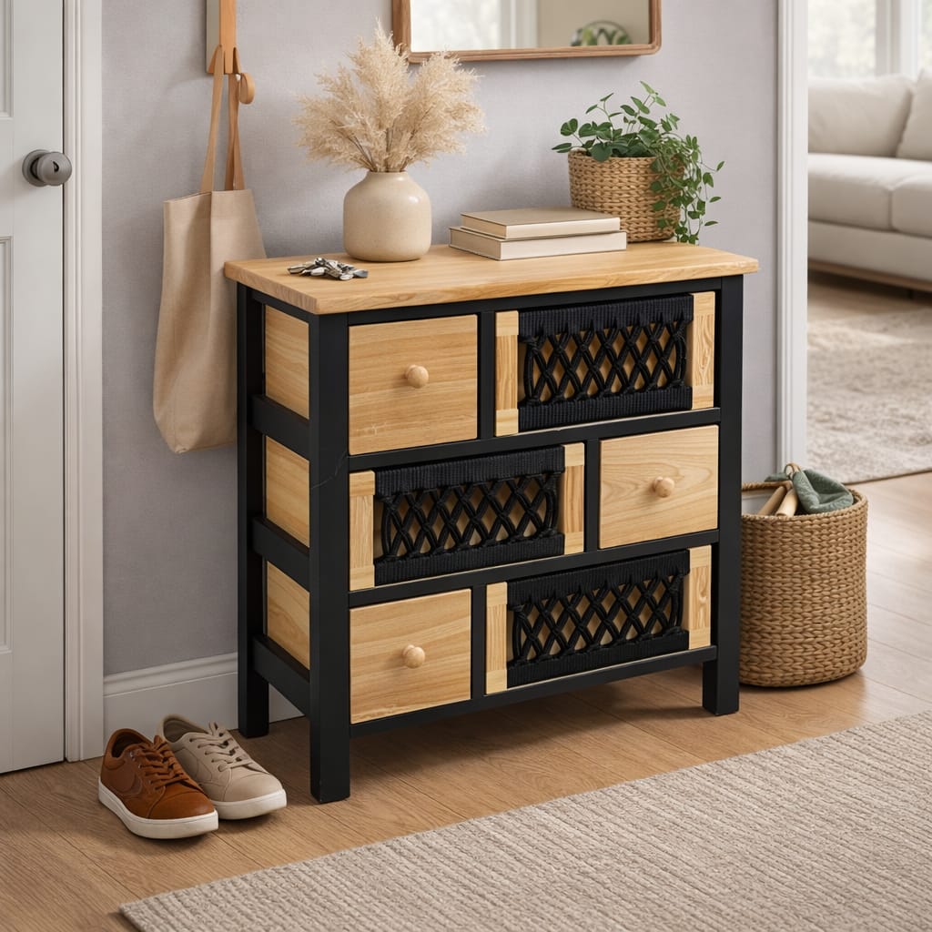 Cómoda de madera con cajones tejidos estilo rústico