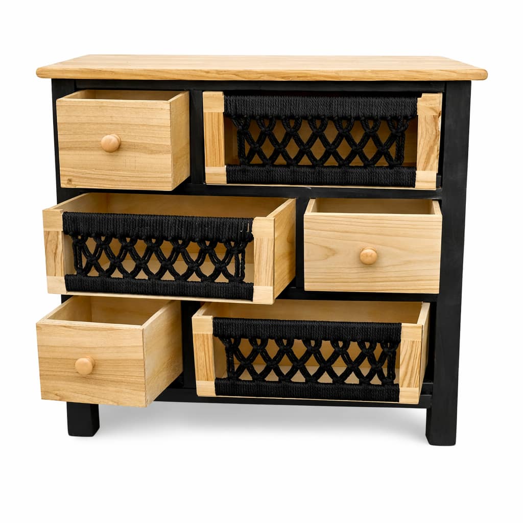 Cómoda de madera con cajones tejidos estilo rústico