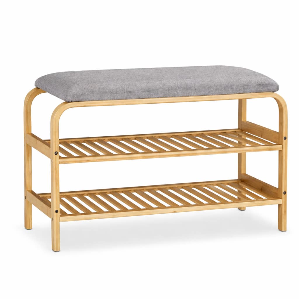 banco zapatero de bambú con cojín y repisas
