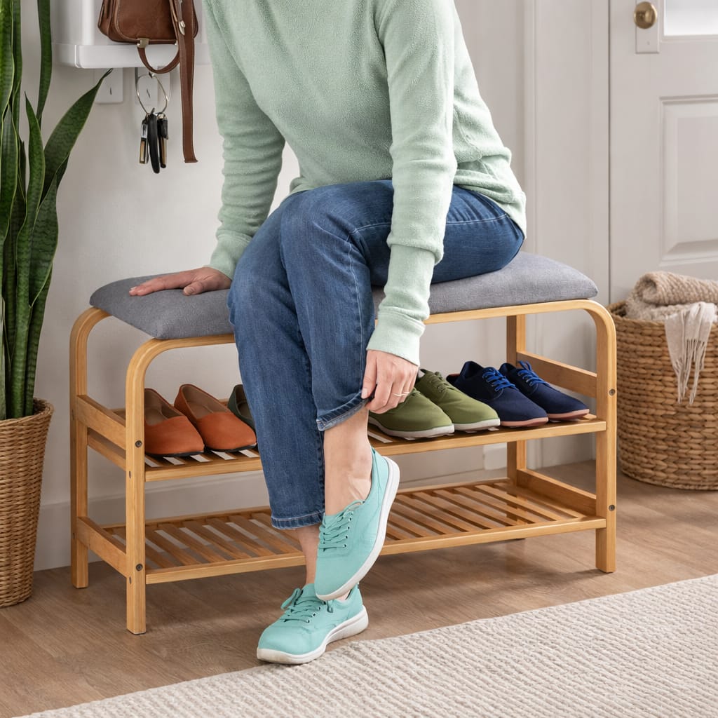 banco zapatero de bambú con cojín y repisas