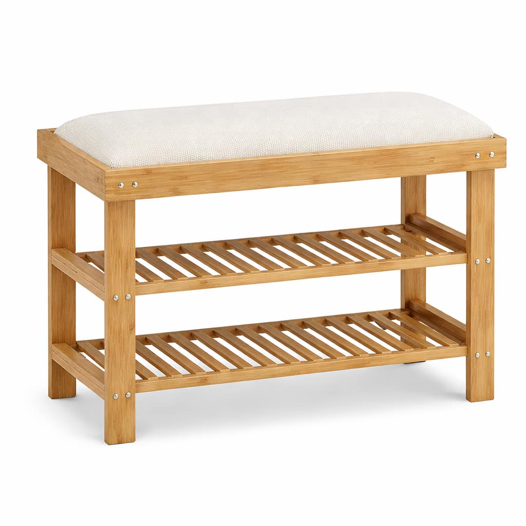 Banco zapatero de bambú con cojín acolchado y doble repisa para organizar zapatos en la entrada del hogar
