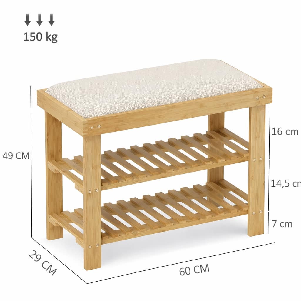 Banco zapatero de bambú con cojín acolchado y doble repisa para organizar zapatos en la entrada del hogar