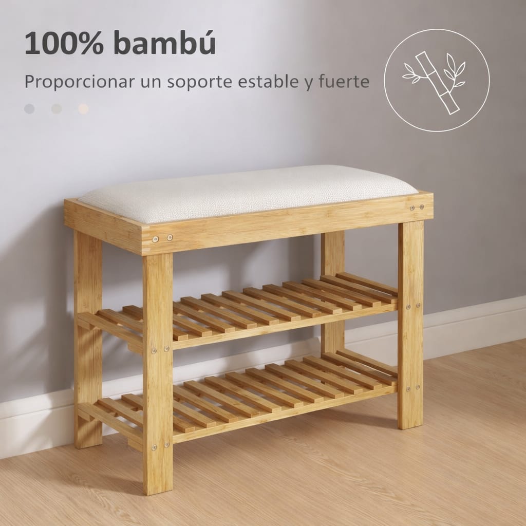 Banco zapatero de bambú con cojín acolchado y doble repisa para organizar zapatos en la entrada del hogar