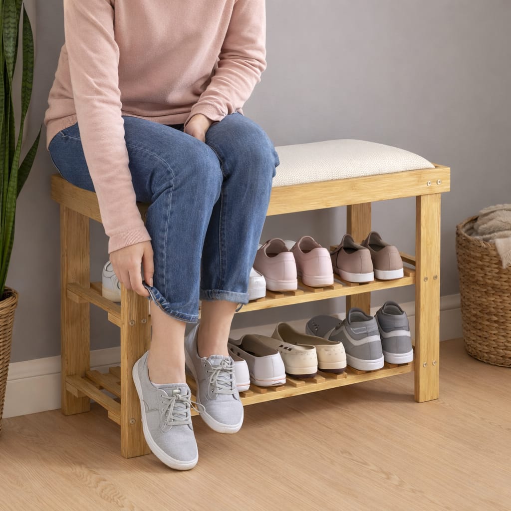 Banco zapatero de bambú con cojín acolchado y doble repisa para organizar zapatos en la entrada del hogar