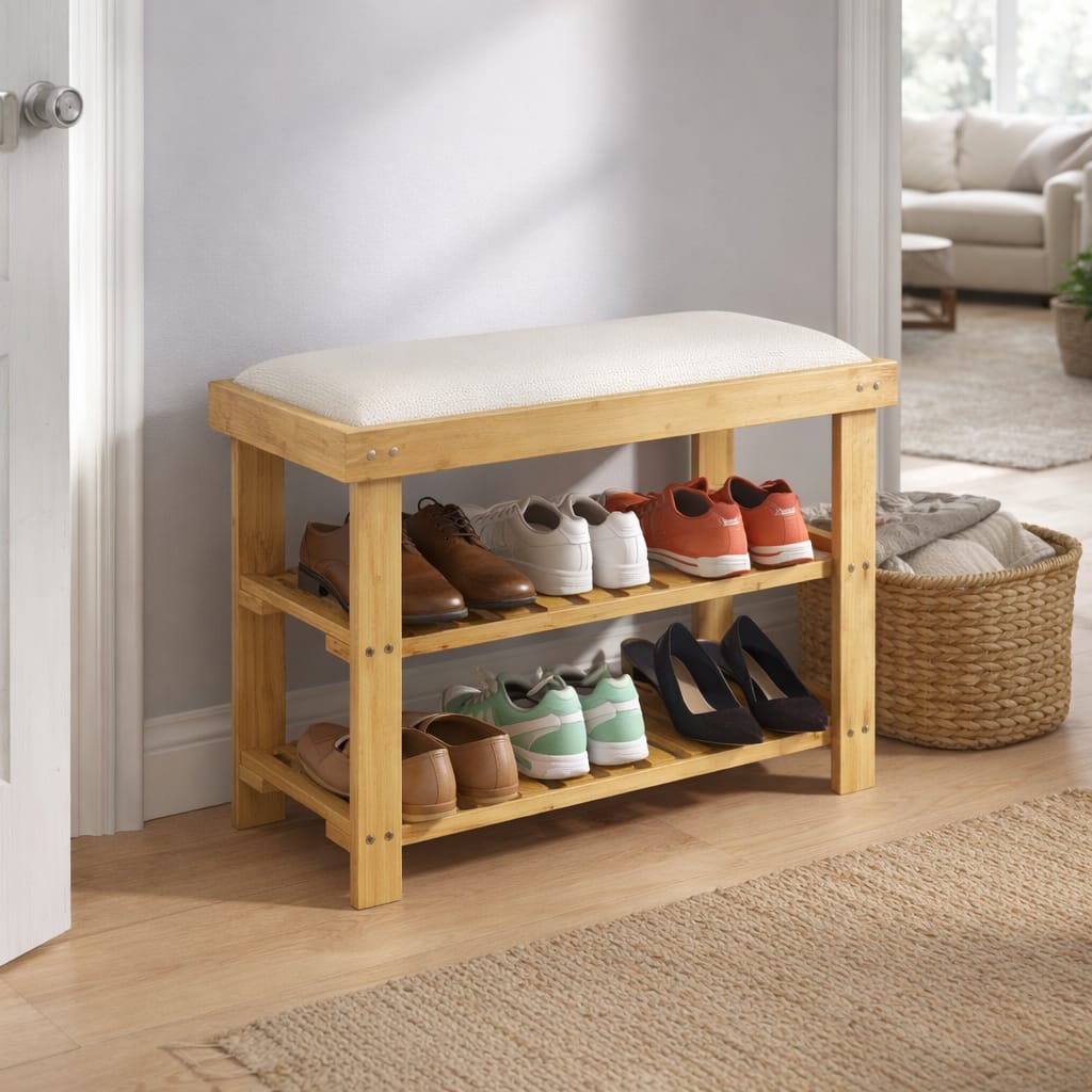 Banco zapatero de bambú con cojín acolchado y doble repisa para organizar zapatos en la entrada del hogar