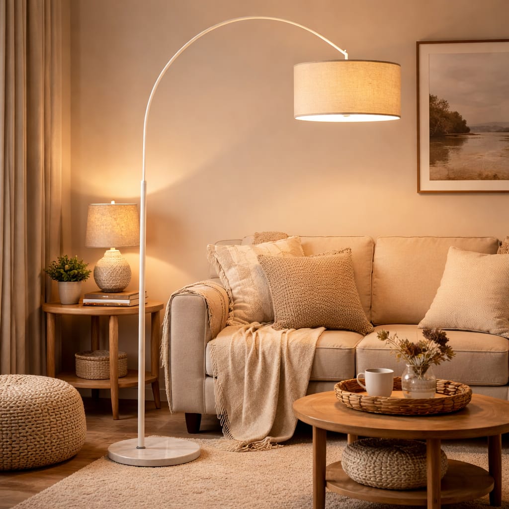 lámpara de pie arco con base de mármol fondo blanco