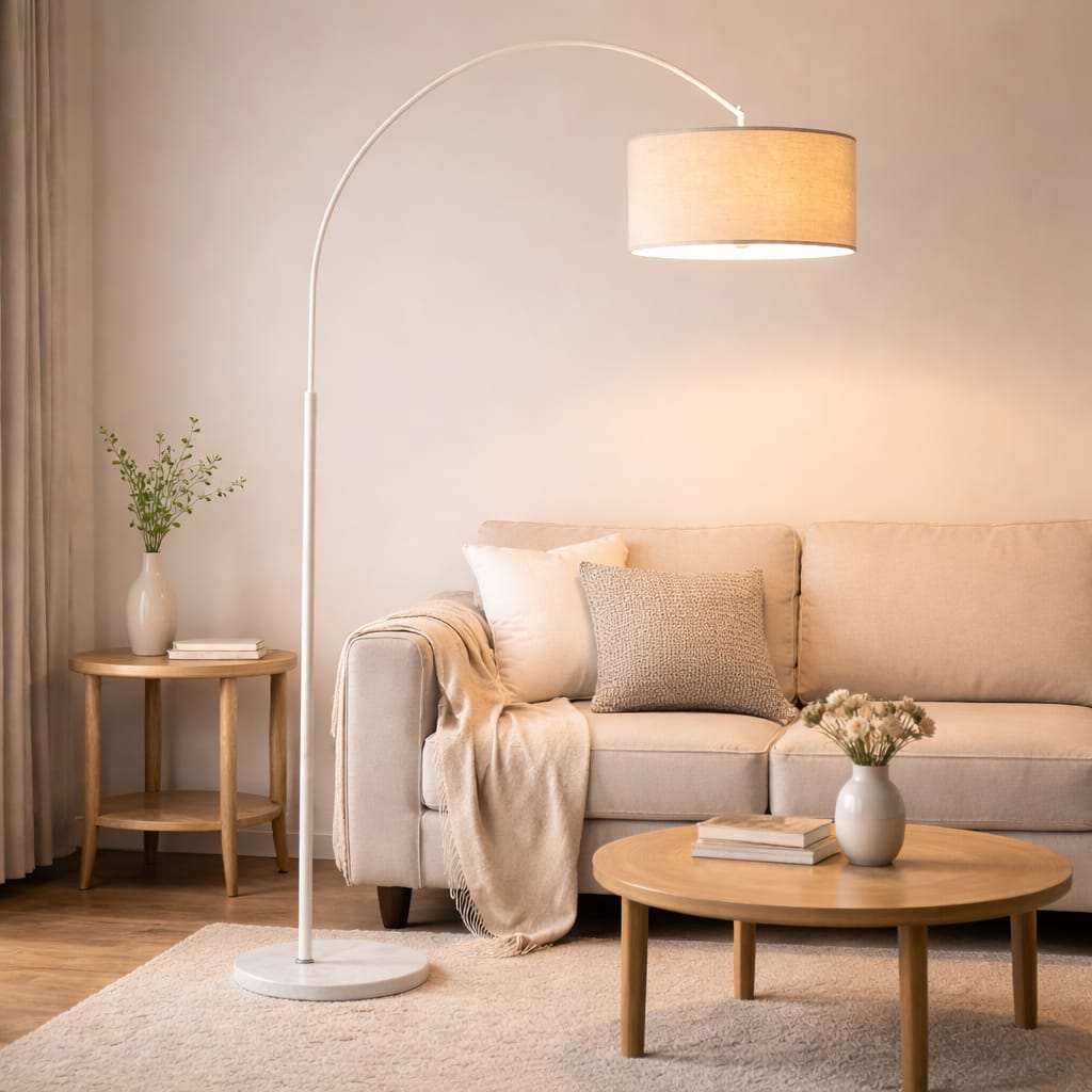 lámpara de pie arco con base de mármol fondo blanco