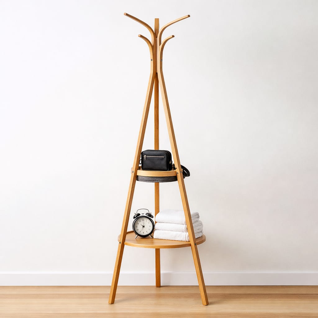 Perchero de madera multifuncional con repisas y ganchos para organización del hogar