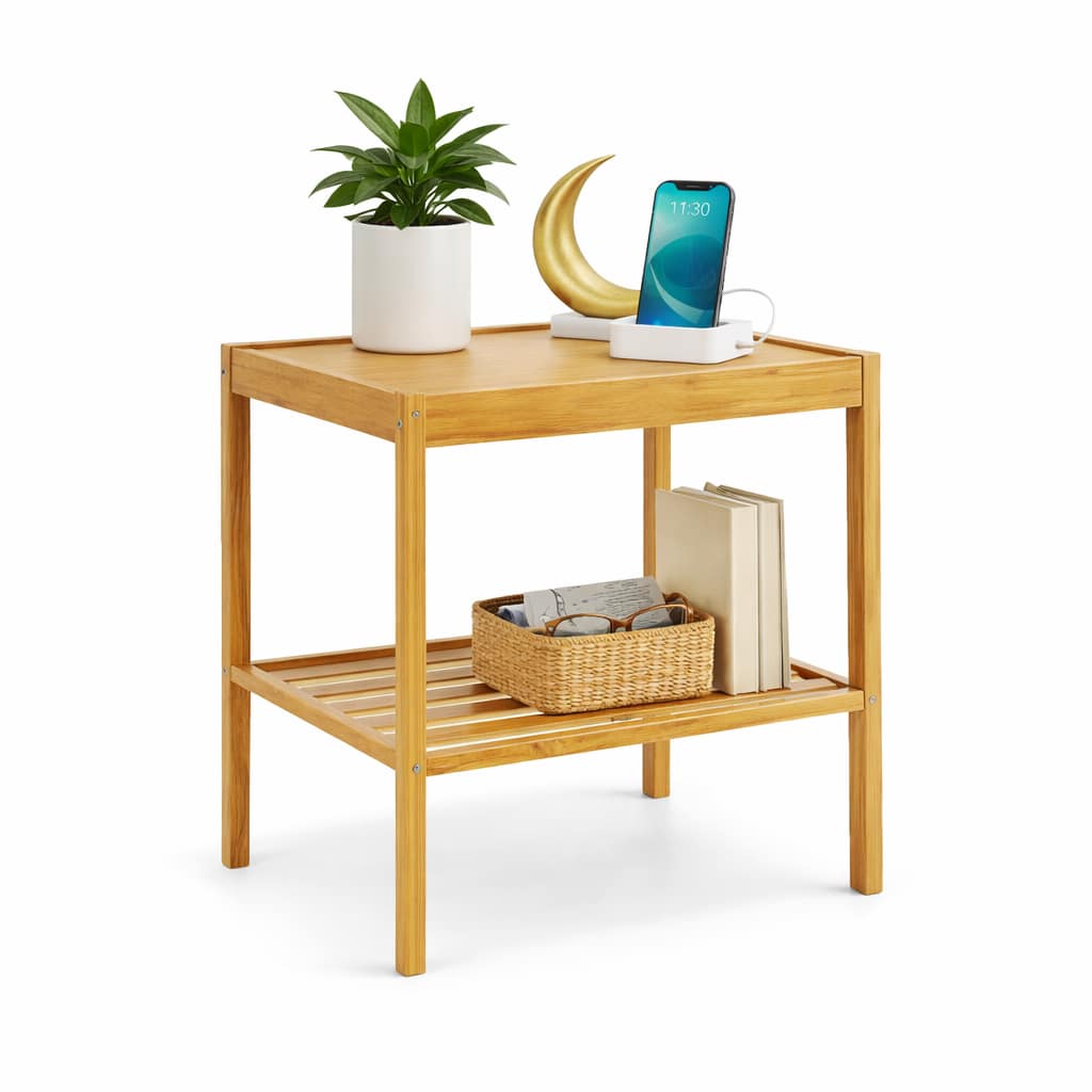 Mesa auxiliar de bambú con repisa inferior decorada en living moderno