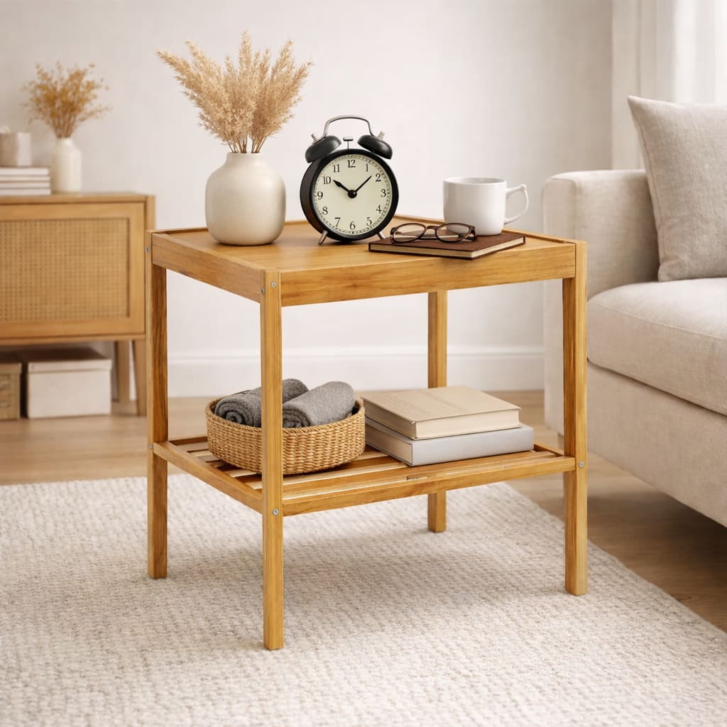 Mesa auxiliar de bambú con repisa inferior decorada en living moderno
