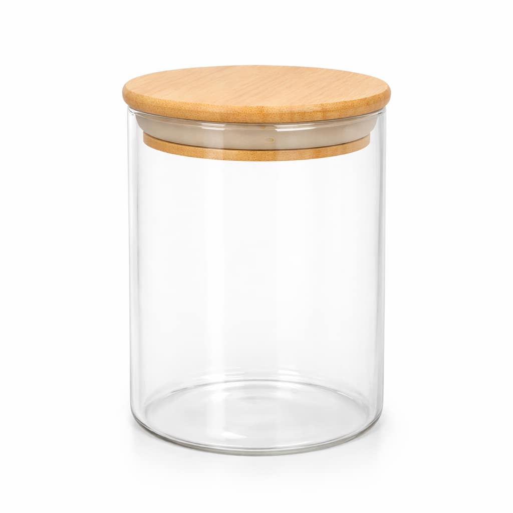 Estante de especias de bambú con frascos de vidrio lleno de condimentos en cocina moderna