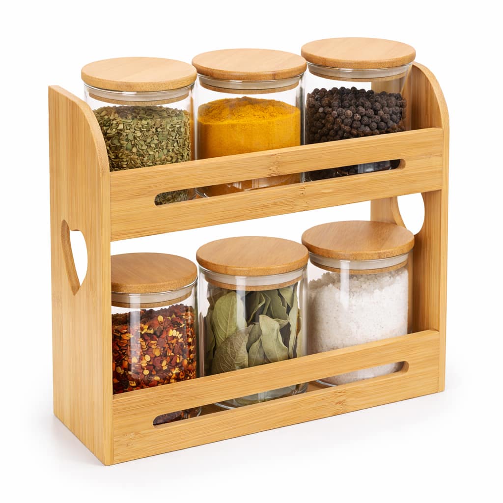 Estante de especias de bambú con frascos de vidrio lleno de condimentos en cocina moderna