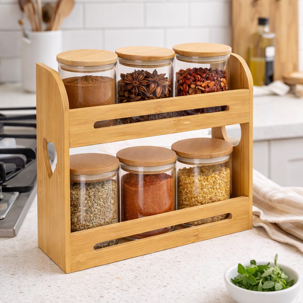 Estante de especias de bambú con frascos de vidrio lleno de condimentos en cocina moderna