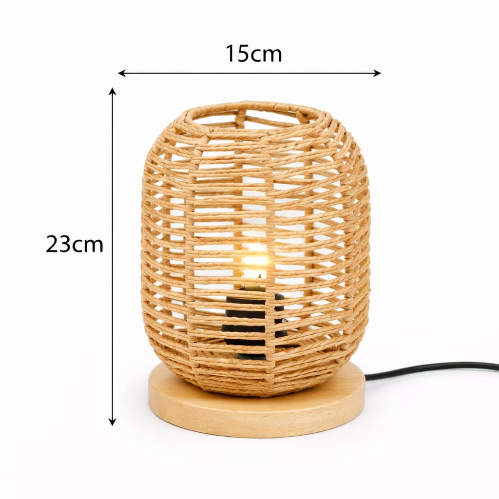 Lámpara decorativa tejida con cable, interruptor y ampolleta incluida sobre fondo blanco