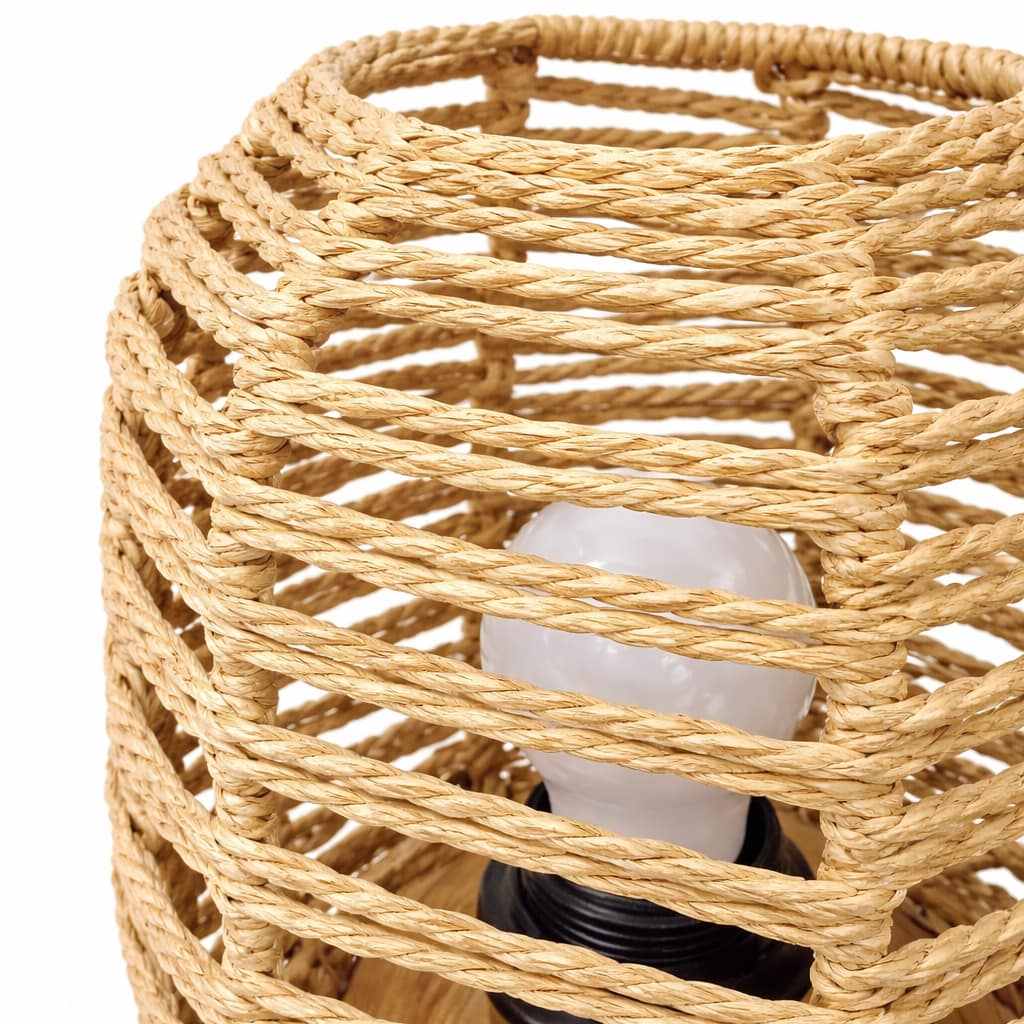 Lámpara decorativa tejida con cable, interruptor y ampolleta incluida sobre fondo blanco