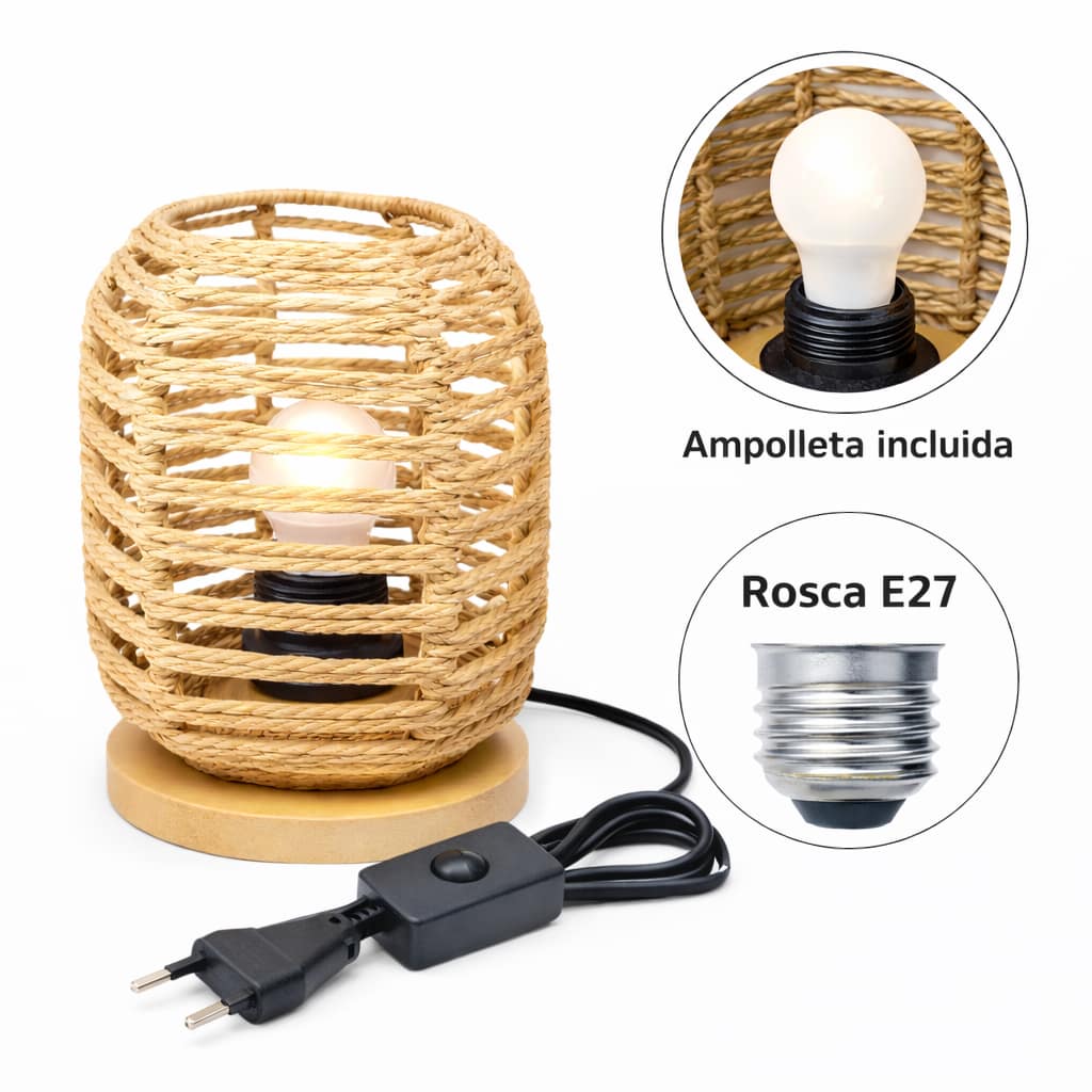 Lámpara decorativa tejida con cable, interruptor y ampolleta incluida sobre fondo blanco