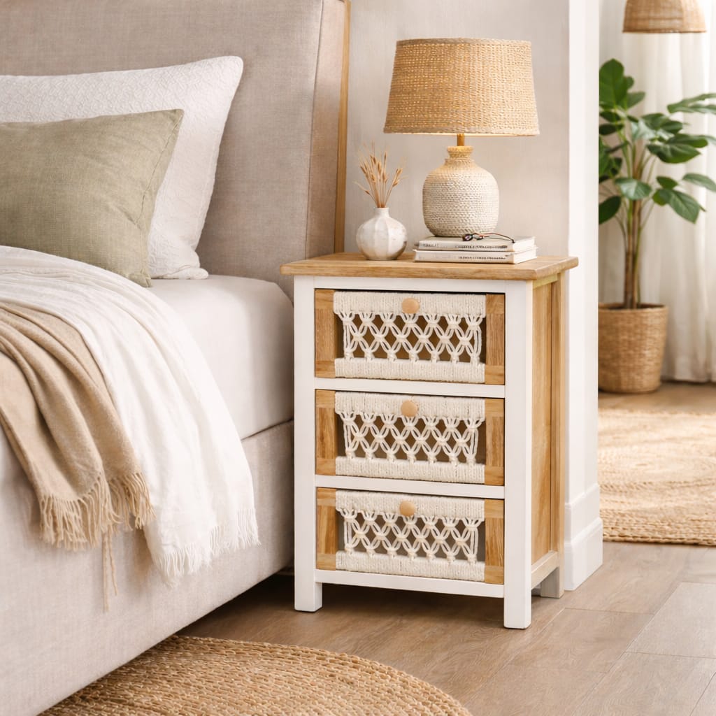 velador mesa de noche de madera con cajones
