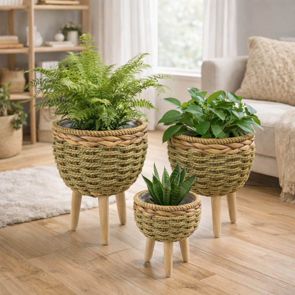 Set de 3 maceteros de fibras naturales con patas