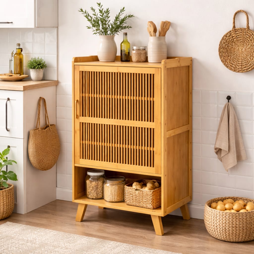 mueble zapatero de bambú cerrado con diseño vertical