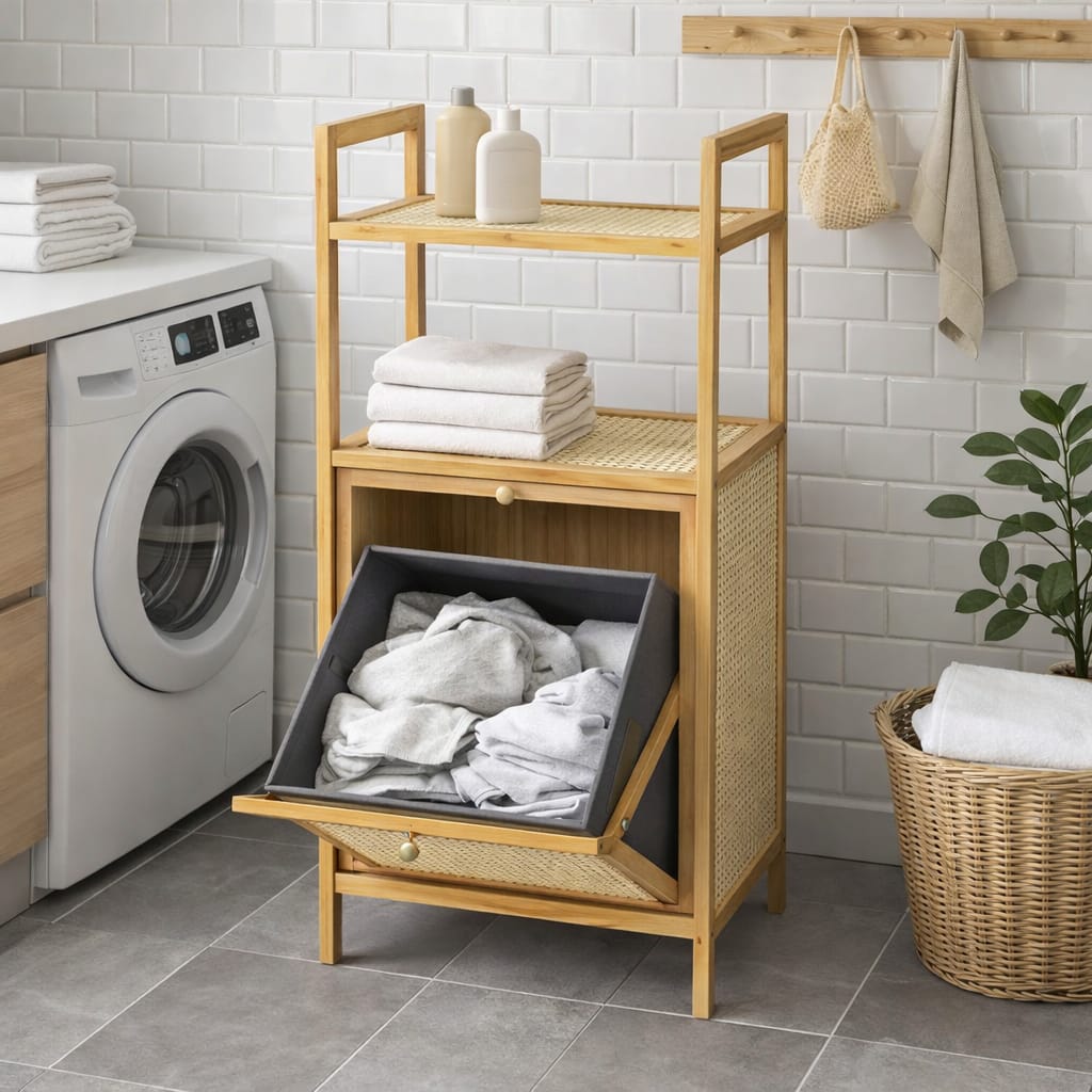 mueble organizador de bambu con puerta de mimbre