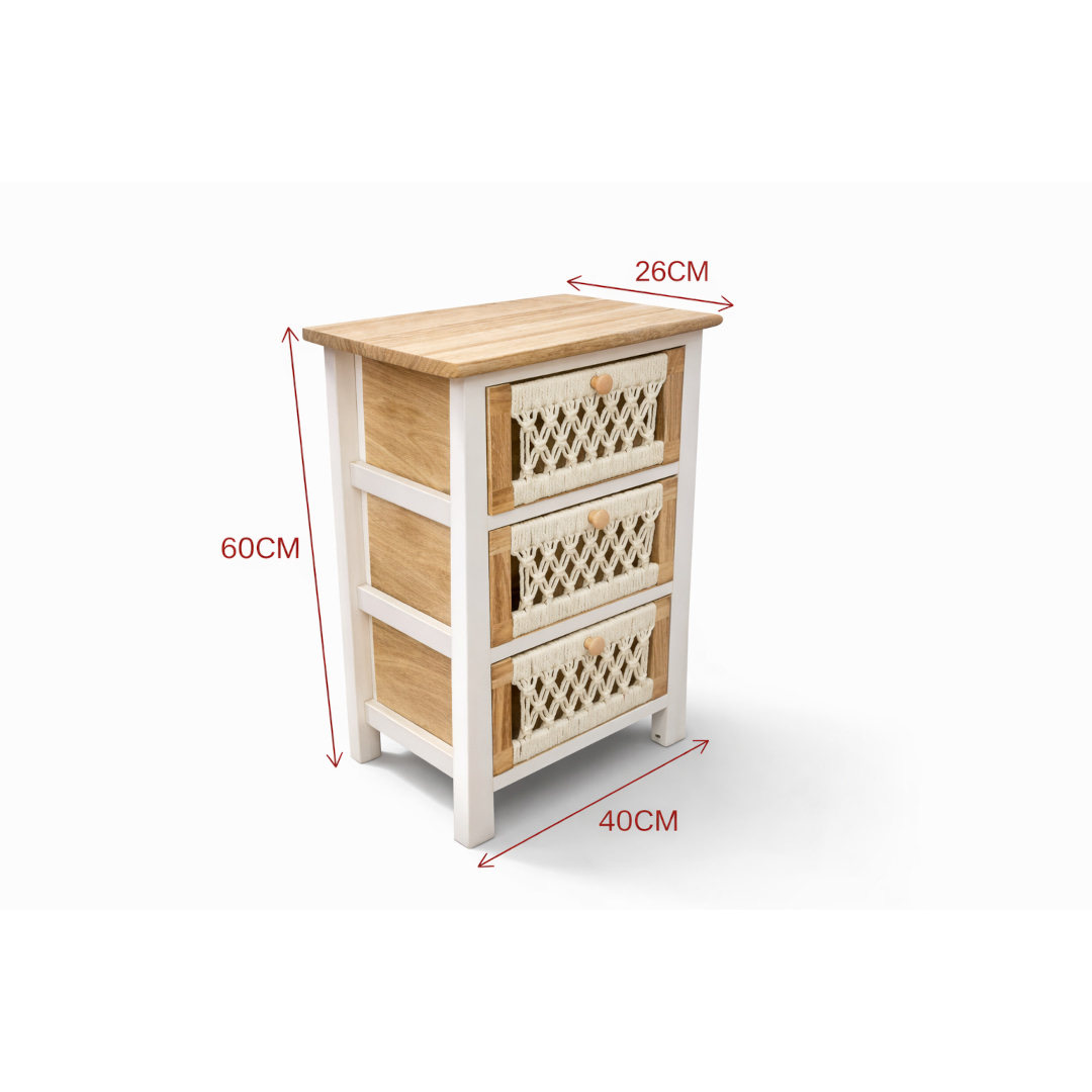 Velador Mesa De Noche 3 Cajones Estilo Boho Macramé Madera - Imagen 3