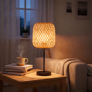 lámpara de mesa boho encendida en dormitorio