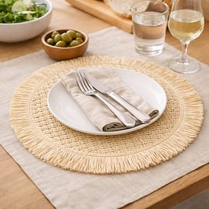 individual boho de fibra natural con flecos decorativos redondo