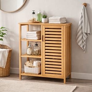 mueble organizador de bambú con puerta