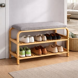 banco zapatero de bambú con cojín y repisas