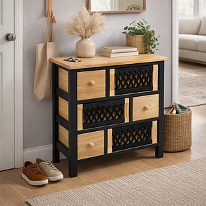 Cómoda de madera con cajones tejidos estilo rústico