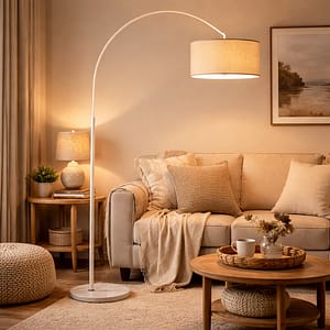 lámpara de pie arco con base de mármol fondo blanco