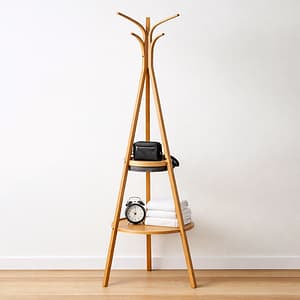 Perchero de madera multifuncional con repisas y ganchos para organización del hogar