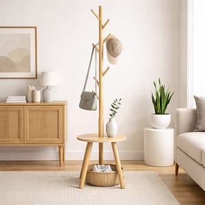 Perchero de madera con mesa integrada y ganchos tipo árbol para organización del hogar