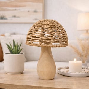 Hongo decorativo tejido de fibra natural con base de madera