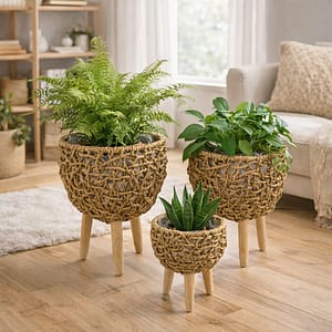 Set de 3 maceteros de fibras naturales con patas