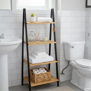 estantería de bambú de 4 niveles con estructura metálica negra