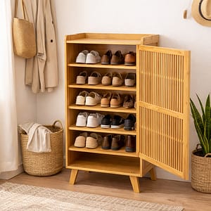 mueble zapatero de bambú cerrado con diseño vertical