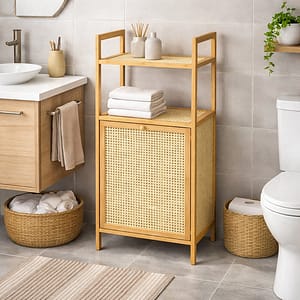 mueble organizador de bambu con puerta de mimbre